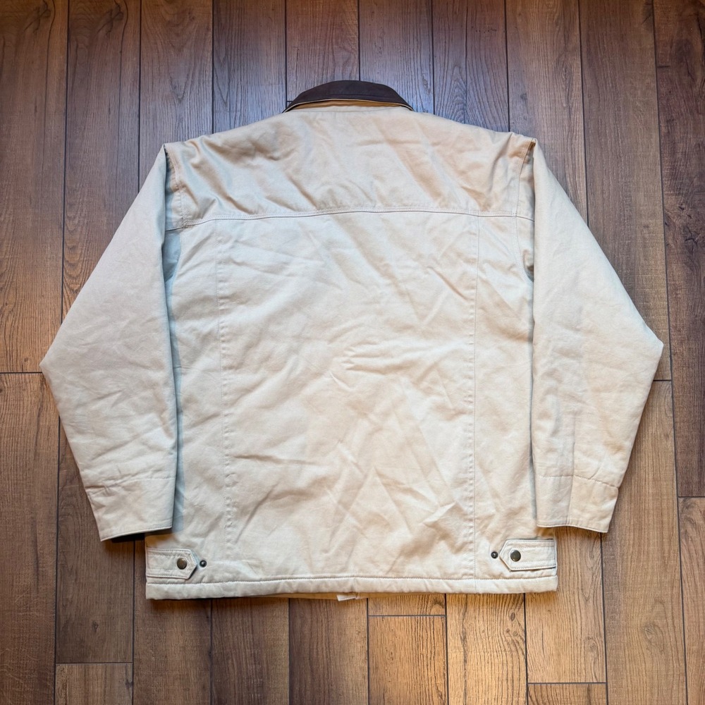 Vintage St Johns Bay Canvas Work Jacket Mens XL Tan Leather Collar Quilted Plaid - Picture 2 of 9